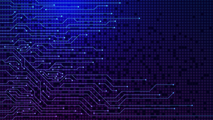 Blue circuit board technology futuristic. Abstract Scifi PCB trace data transfer. Digital communication and network connection concept background.