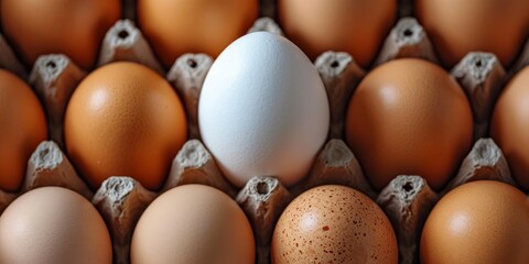 Contrasting white egg in brown egg carton, Generative AI