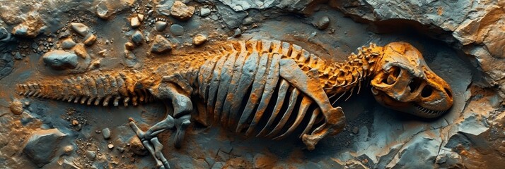 Ancient reptile skeleton in dark earth, a closeup marvel of prehistoric life.