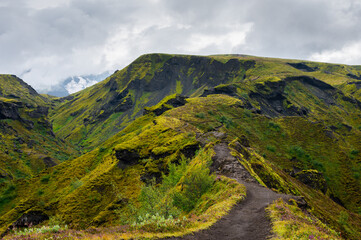 The picturesque road in a famous Laugavegur hiking trail. Icelandic landscape of volcanic rhyolite mountains in cloudy weather with colourful grass. Iceland in august. Horizontal crop