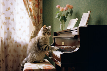 Image AI of cat sitting playing the piano inside a house, natural light