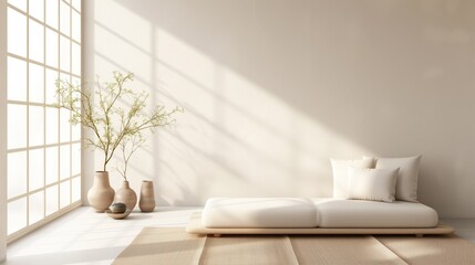 Empty light pastel minimalistic room interior with vases, ikebana and sofa in Japanese style decor for zen practices