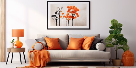 Contemporary living room with a poster frame, brown sofa, carpet, lamp, flowers, decor, orange pillow, and personal items. Home decor.