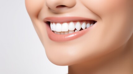 Fototapeta premium A close up photo of the lower part of a female face. beautiful cute smile with very clean perfect teeth.