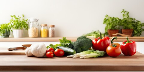 Photo of kitchen table with wooden cutting board and fresh veggies on it in kitchen