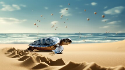 Fototapeta na wymiar A loggerhead sea turtle is slowly making its way across a sandy beach, 