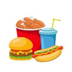 Burger, bucket of fried chicken and Hot Dog Combo Street Food Menu Item Vector Detailed Illustration on white background