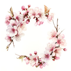 Watercolor illustration of cherry blossom wreath flower on a white background