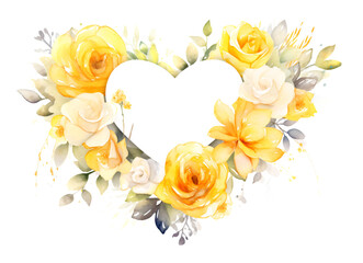 Watercolor illustration of yellow roses heart frame