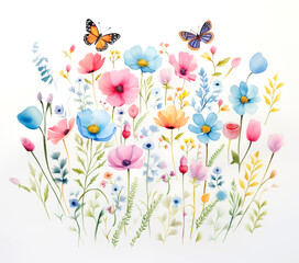 Watercolor illustration of floral blossoms and butterflys