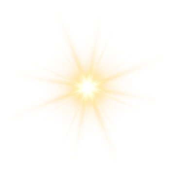 Gold star illustration. Sparkle sun light transparent design element.
