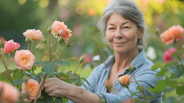 senior woman gardening - taking care of her roses in a garden with a happy face