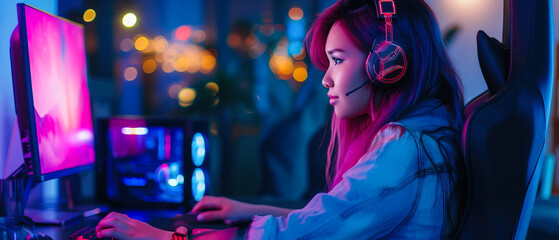 Woman playing computer game, multi-colored lights, RGB, headphones and keyboard with backlight, gaming gears, ultrawide banner cover background for ads. game streaming - obrazy, fototapety, plakaty
