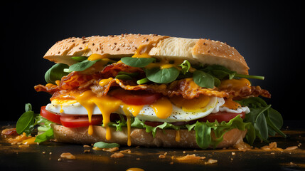 a sandwich with bacon, green salad and eggs on black background