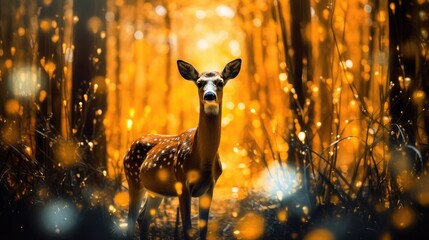 From the bird's point of view, a deer is grazing leisurely in a tree-lined forest, 