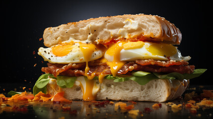a sandwich with bacon, green salad and eggs on black background