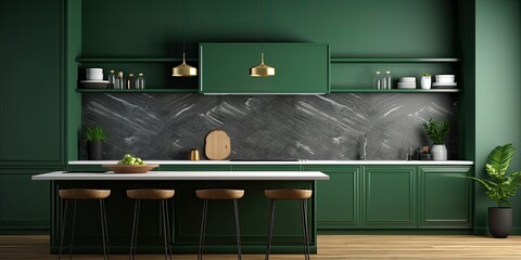 a modern kitchen with dark green wall decor.