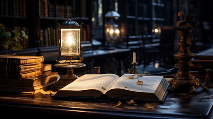 a book and a candles on a table in old library