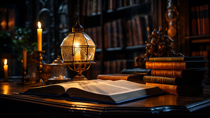 Fototapeta na wymiar a book and a candles on a table in old library