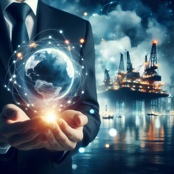 man's hand with globe logistic energy gas connection against the background of gas towers
