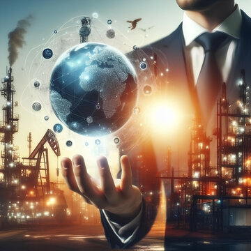 man's hand with globe logistic energy gas connection against the background of gas towers