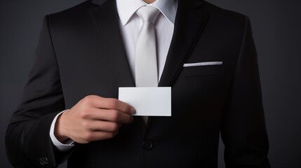 Upper body of a businessman in dark suit and white shirt with tie holding  business card in fron of the camera with his hand on neutral background