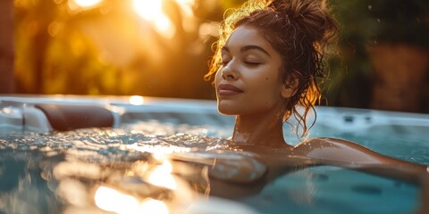 Gorgeous woman unwinding in hot tub during summer break, Generative AI