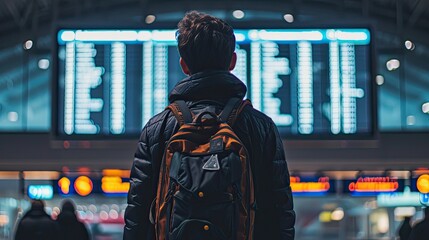 back view a man wearing backpack standing in an airport, checking information about his flight on airport timetable - travel concept