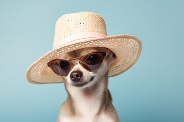 Cute small dog with summer straw hat and sunglasses on light blue studio background