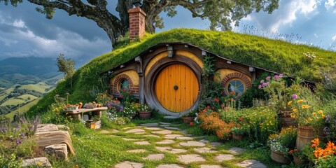 A picturesque village with hobbit houses featuring green roofs, set against a majestic mountain backdrop. - obrazy, fototapety, plakaty