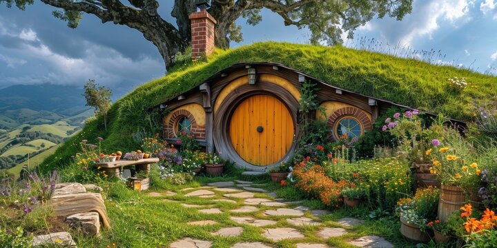 A picturesque village with hobbit houses featuring green roofs, set against a majestic mountain backdrop.