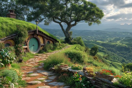 Tranquil hobbit house with a green roof, nestled in a scenic village landscape.