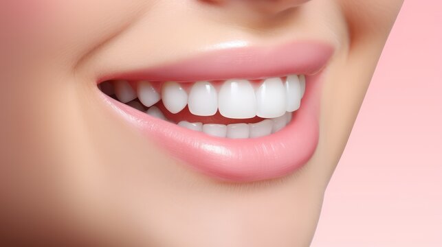 Closeup persons mouth smiling woman white teeth toothbrush banner healthy skin bite lip left align see aquiline nose 
