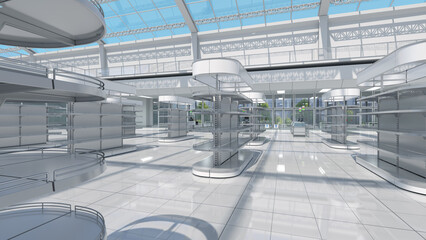 Sales area of the store with rows of empty shelving with open shelves, rounded side sections and topper, transparent glass ceiling. 3d illustration