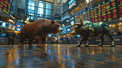 a bear and a bull figurines symbolize falling and rising markets, respectively, set in a stock exchange with market data screens in the background - obrazy, fototapety, plakaty