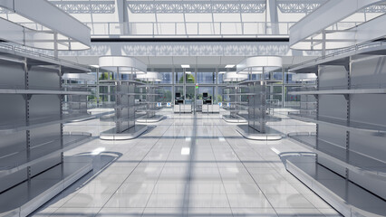 Store interior with rows of empty shelving with open shelves, rounded side sections and topper. 3d illustration