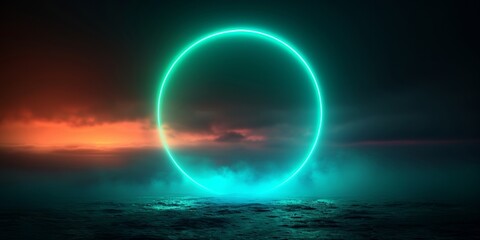 A dark background with a bright blue neon circle, representing a cosmic and futuristic scene.