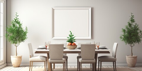 Contemporary dining room with holiday decorations and empty picture frames.