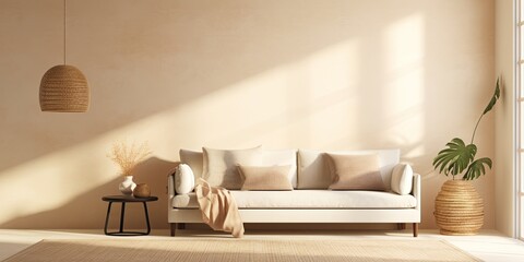 Sunlight and shadows reflect on a neutral wall with an abstract painting. A bright and elegant living room with a comfortable sofa, pillows, and a straw rug.