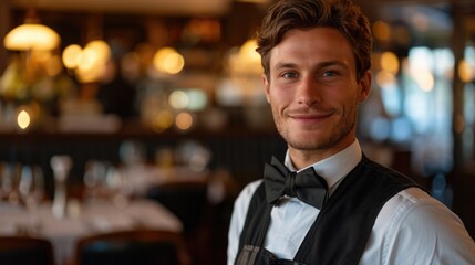 waiter man in uniform serve and get order in ruxury restaurant