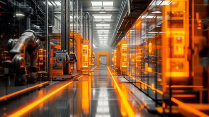A modern industrial factory with high-tech machinery and robotic automation.