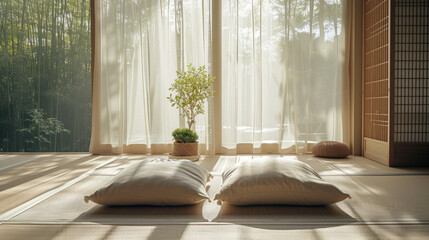 Interior of empty spacious yoga studio interior with panoramic windows. Calm and peaceful meditation room with Zen-inspired furnishings, wooden floor, wicker mats, pillows, indoor plants.