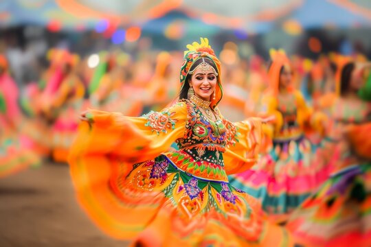 A vibrant image of a woman performing a traditional Indian dance at a cultural festival, adorned in colorful costume.