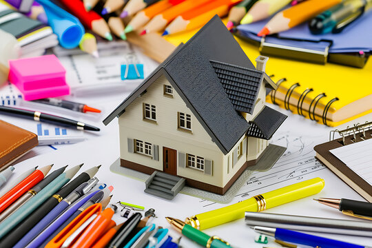 Shot of small house model surrounded by office supplies like pens and paper