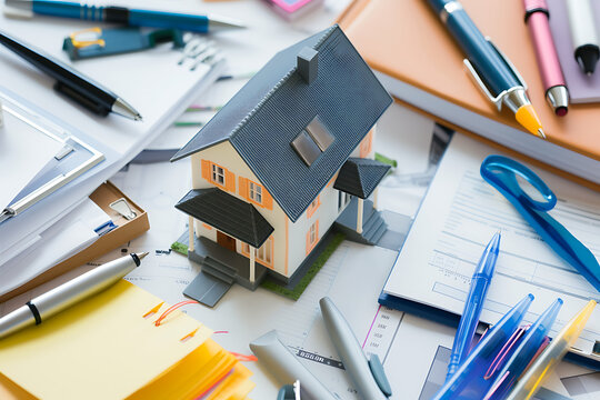 Shot of small house model surrounded by office supplies like pens and paper