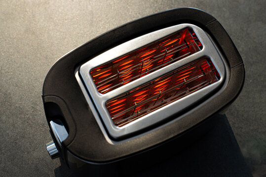 Toaster with hot heating elements. Top view. Close up.