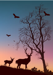 Nature landscape, mountain, hill, trees, on summer view silhouette deer animal vector ilustration  background.