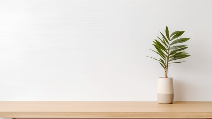 Empty home desk table background. Wooden table with a vase and a plant against a white wall in the living room of a home or office. 