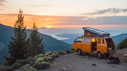 Fototapeta na wymiar Solitary retro yellow camper van parked on a serene mountain peak at twilight.