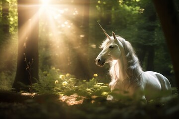 Magical Unicorn pegasus horse in the Forest, copy space